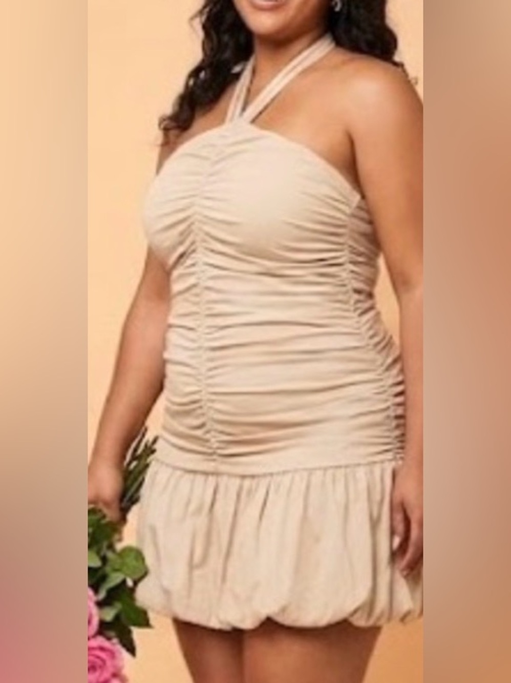 Chic Tan Ruched Mini Dress